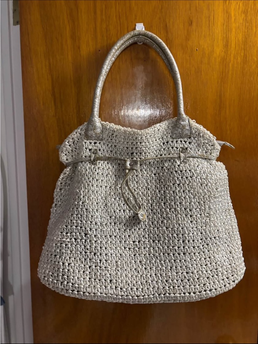 EUC Woven Cream Tote Bag with Metallic Handles